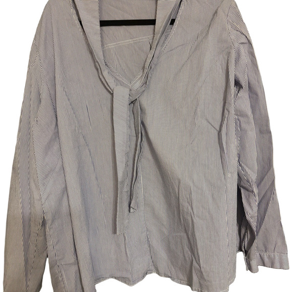 Eloquii Tops - Elouqii Pin Striped Long Sleeve Blouse with Tie Neck